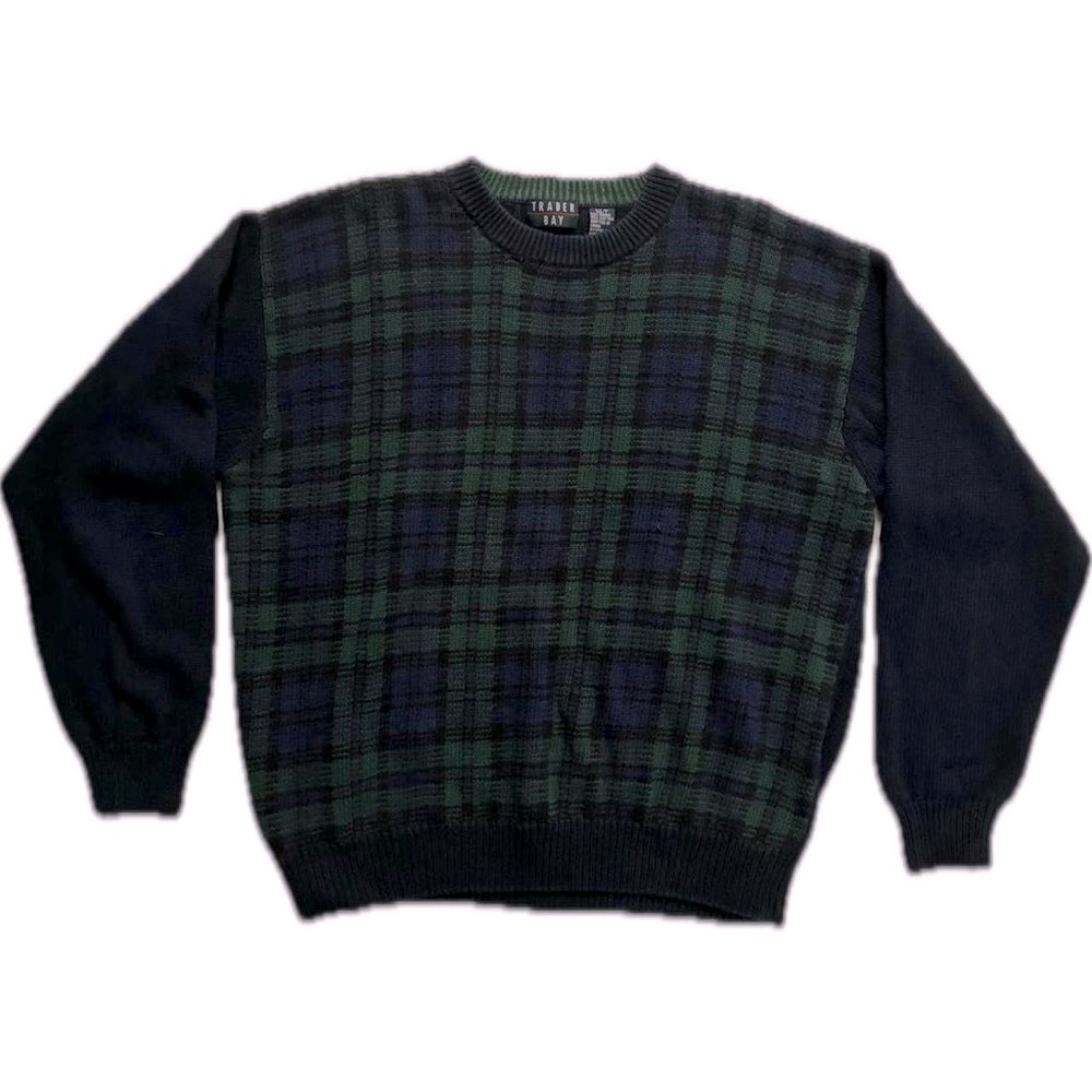 Vintage Navy Plaid Trader Bay Grandpa Sweater